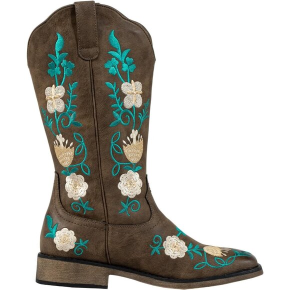 Women's Brown  Cowgirl Sunflower Floral Embroidered Western Square Toe Boots - Picture 5 of 7